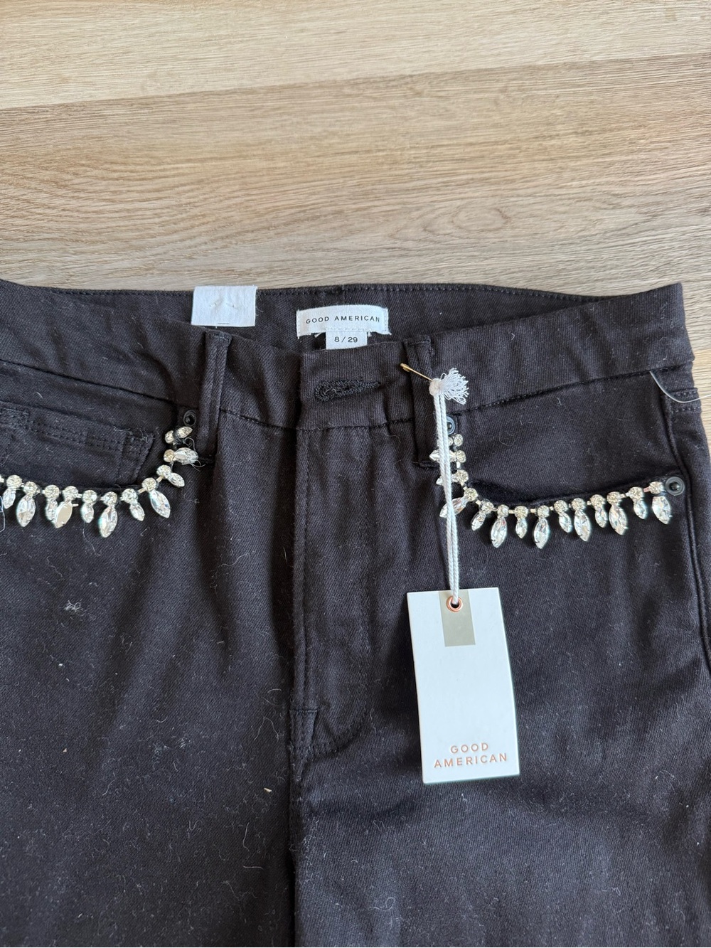Good American Black High-Rise Jeans with Jeweled Pocket Trim